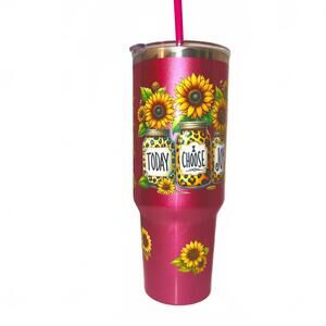Pink Sunflower Stainless Steel Travel Tumbler with Handle and Straw 30 oz